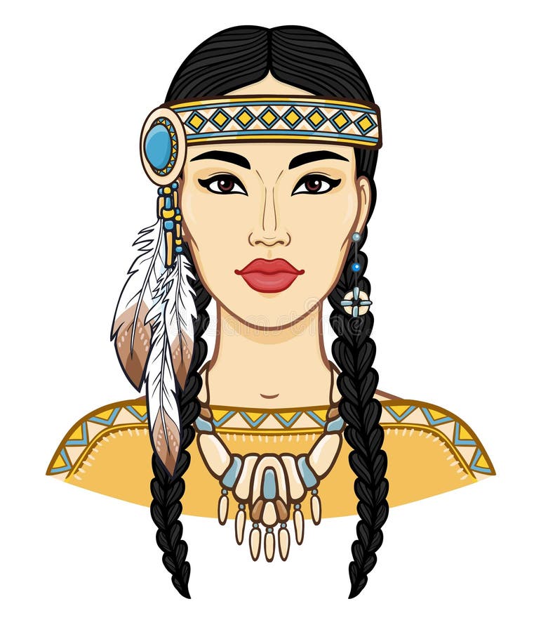 Animowany portret pięknej amerykańskiej indiańskiej kobiety w starożytnej sukience
