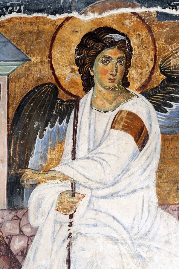 White Angel or Myrrhbearers on Christ's Grave is world famous fresco from the Mileseva monastery circa 1230 AD in Serbia, it depicts an angel sitting in front of the tomb of Christ. White Angel or Myrrhbearers on Christ's Grave is world famous fresco from the Mileseva monastery circa 1230 AD in Serbia, it depicts an angel sitting in front of the tomb of Christ