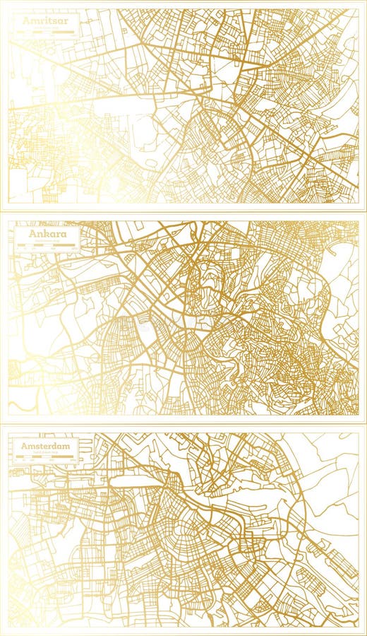 Ankara Turkey, Amsterdam Holland and Amritsar India City Map Set in Retro Style in Golden Color. Outline Map