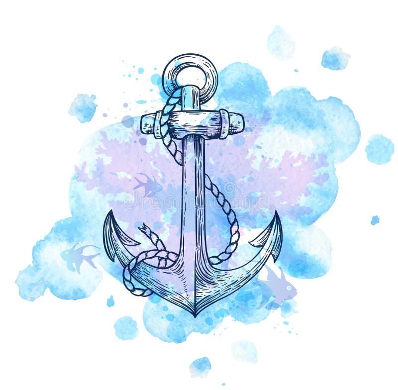 Anker und blaue Aquarellflecken vektor abbildung Anker und blaue Aquarellflecken vektor abbildung