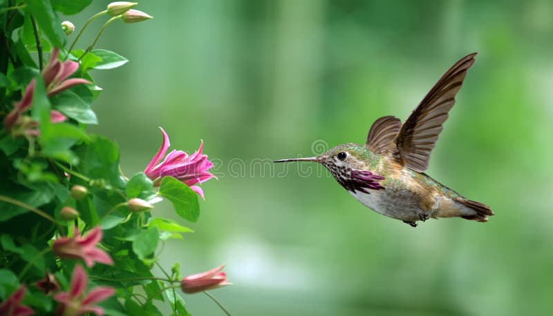 Hummingbird over blurred green tropical flowers in background. Hummingbird over blurred green tropical flowers in background