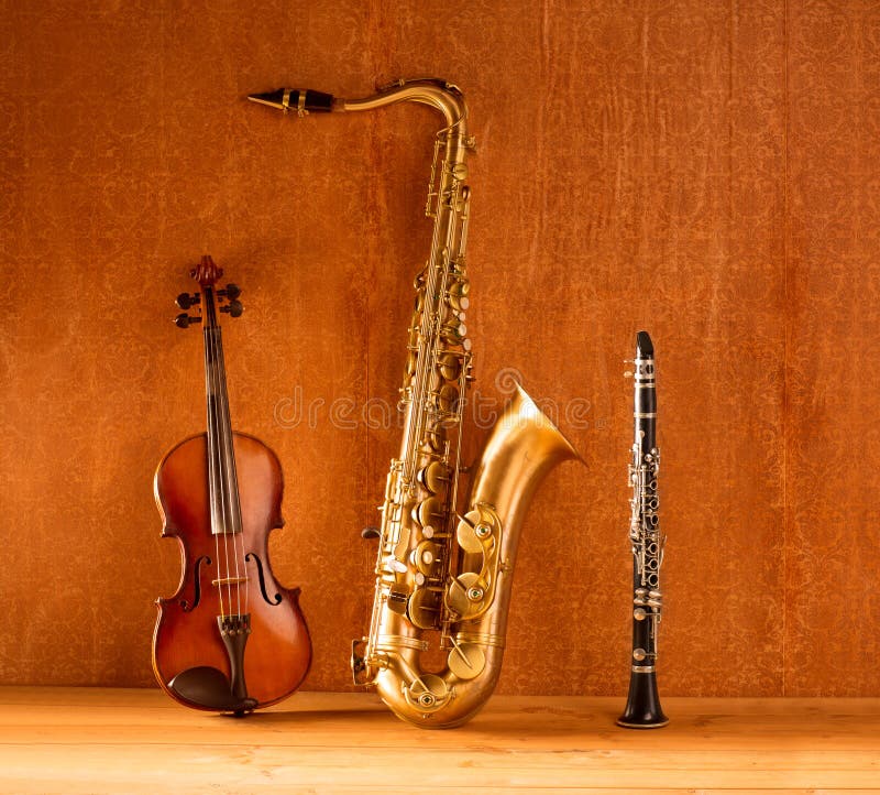 Annata classica del violino e del clarinetto del sassofono tenore del sax di musica
