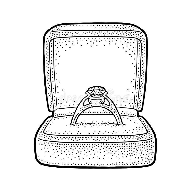 Anneau de mariage avec le diamant dans un boîte-cadeau Illustration noire de gravure de vecteur de vintage illustration libre de droits Anneau de mariage avec le diamant dans un boîte-cadeau Illustration noire de gravure de vecteur de vintage illustration libre de droits