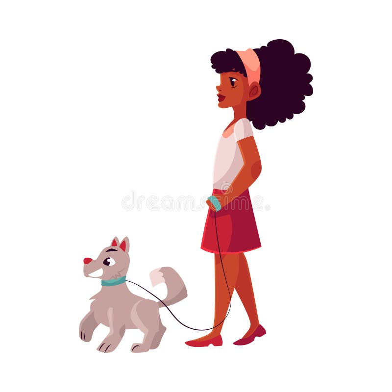 Annerisca, ragazza afroamericana che cammina con il cane sul guinzaglio sciolto illustrazione vettoriale Annerisca, ragazza afroamericana che cammina con il cane sul guinzaglio sciolto illustrazione vettoriale