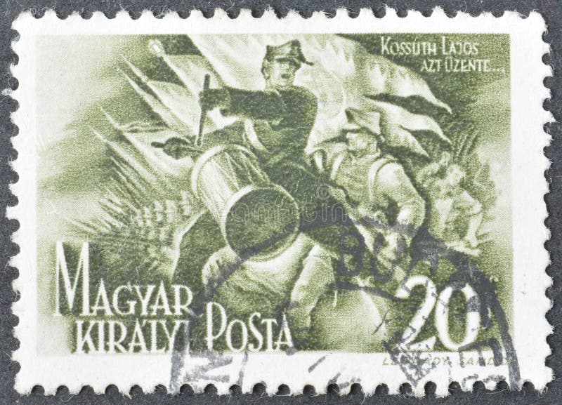 Cancelled postage stamp printed by Hungary, that shows Honv�d drummer, Death Anniversary of Lajos Kossuth, circa 1944. Cancelled postage stamp printed by Hungary, that shows Honv�d drummer, Death Anniversary of Lajos Kossuth, circa 1944.