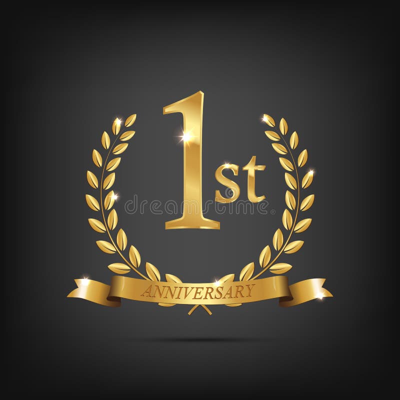 1 Anniversary Golden Symbol. Golden Laurel Wreaths with Ribbons and ...