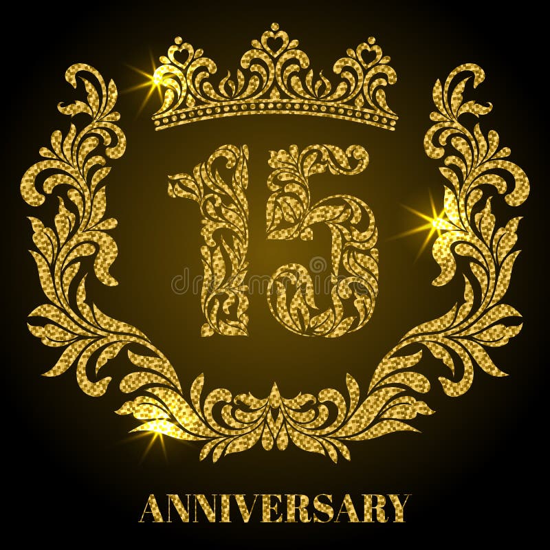 Anniversary of 15 years. Digits, frame and crown made in swirls stock illustration Anniversary of 15 years. Digits, frame and crown made in swirls stock illustration
