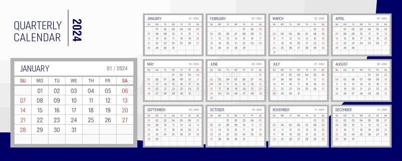 Calendar 2024 year. The week starts on Sunday. Calendar grid for each month. Editable vector calendar template for your design, corporate identity. Modern monthly quarterly calendar, planner. Calendar 2024 year. The week starts on Sunday. Calendar grid for each month. Editable vector calendar template for your design, corporate identity. Modern monthly quarterly calendar, planner