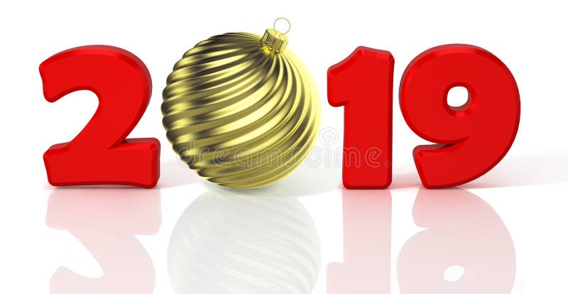 Anno rosso e bianco 2019 dello shiNew Concetto di progetto con la palla ondeggiata brillante di natale dell'oro illustrazione 3D royalty illustrazione gratis Anno rosso e bianco 2019 dello shiNew Concetto di progetto con la palla ondeggiata brillante di natale dell'oro illustrazione 3D royalty illustrazione gratis