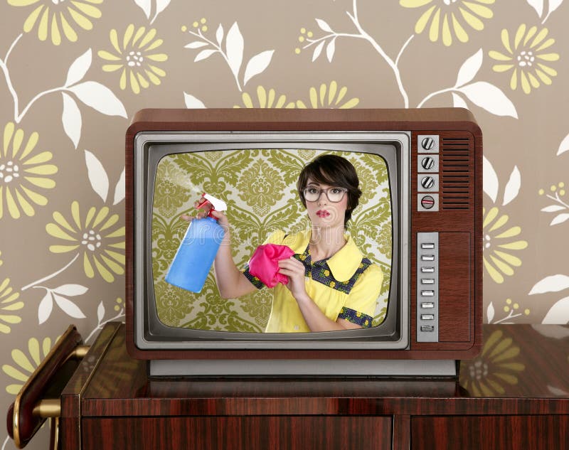 Ad tv commercial retro nerd housewife cleaning chores wood television. Ad tv commercial retro nerd housewife cleaning chores wood television
