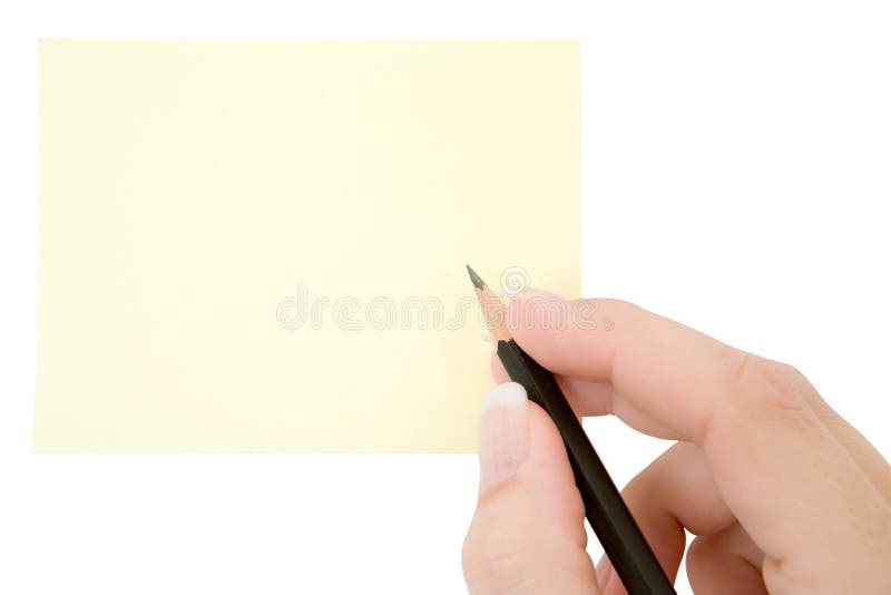 Female hand writing on a blank note. Isolated on a white background. Paper notation stock images, royalty-free photos and pictures