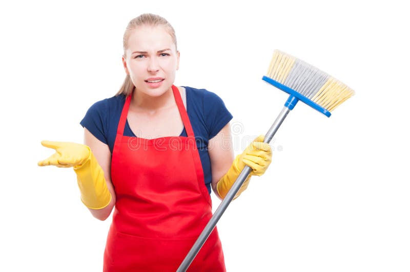 Annoyed cleaning lady with broom.