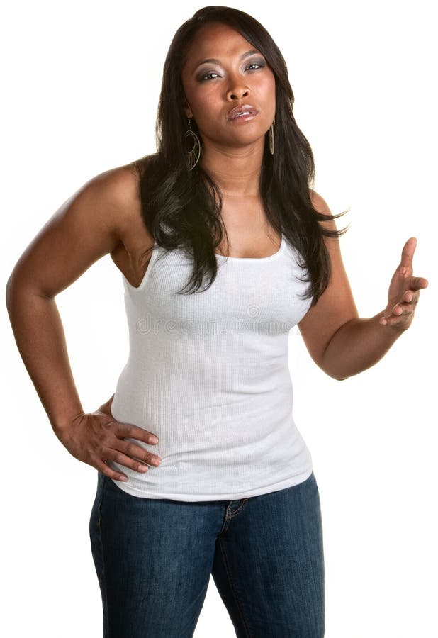 Annoyed Black woman with gesture over white background. Annoyed Black woman with gesture over white background