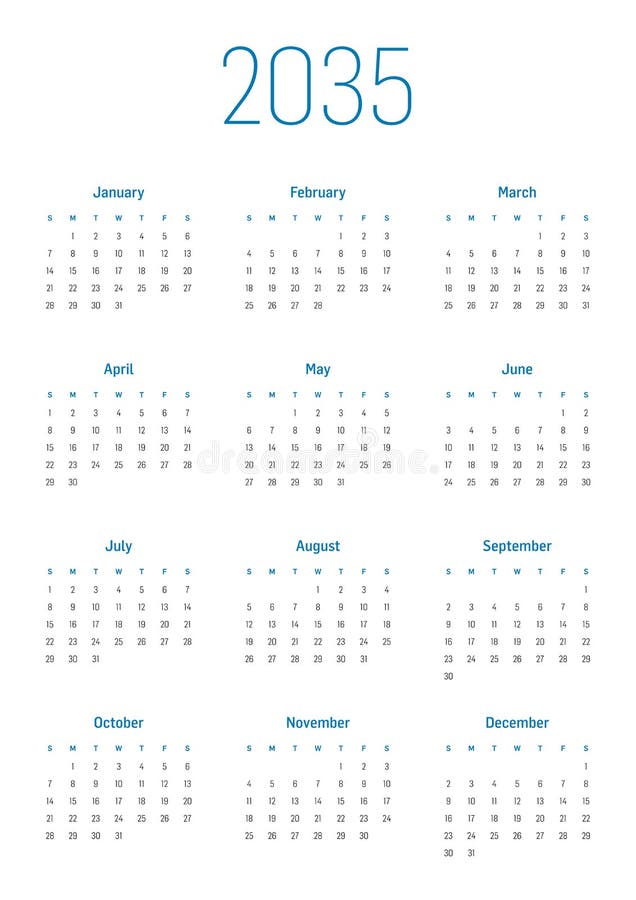 2035 Calendar with the Weeks Start on Monday Stock Vector