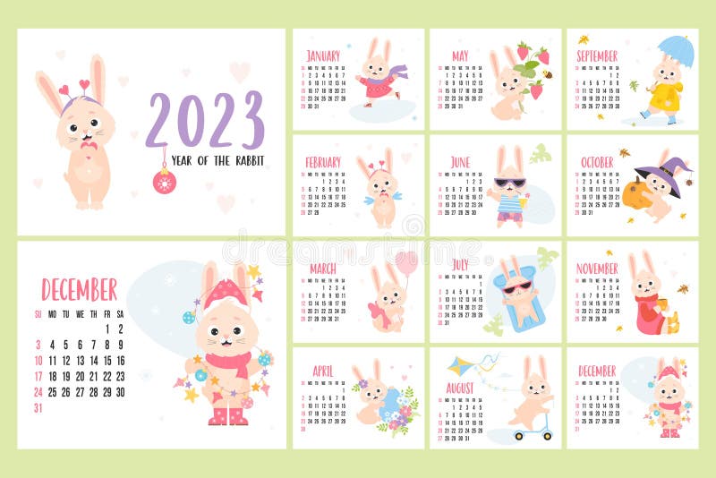 Annual Monthly Rabbit Calendar 2023 with Cute Easter Bunny, Halloween