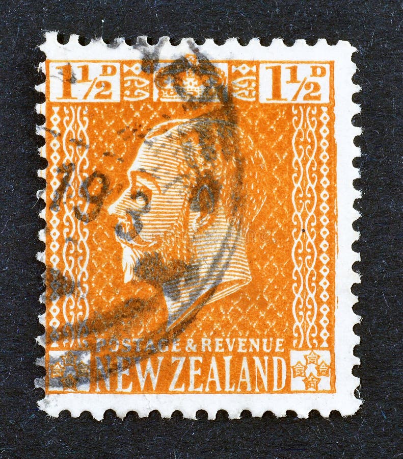 Cancelled postage stamp printed by New Zealand, that shows king George V, circa 1915. Cancelled postage stamp printed by New Zealand, that shows king George V, circa 1915.