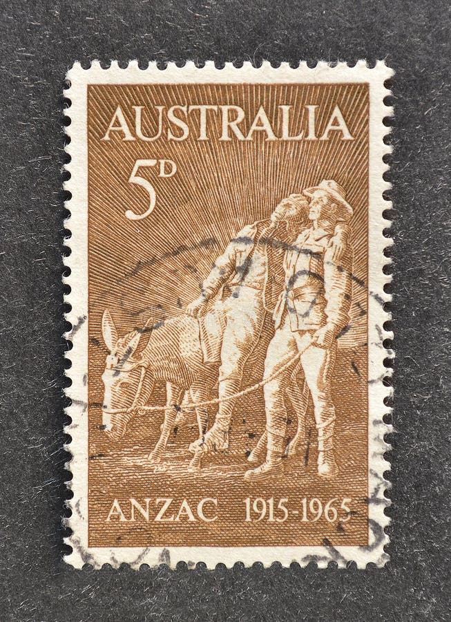 Cancelled postage stamp printed by Australia, that shows Simpson and Donkey, ANZAC, 50th Anniversary of Gallipoli Landing, circa 1965. Cancelled postage stamp printed by Australia, that shows Simpson and Donkey, ANZAC, 50th Anniversary of Gallipoli Landing, circa 1965.