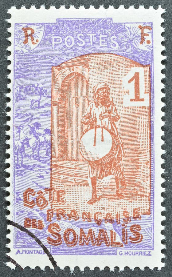 Cancelled postage stamp printed by French Somaliland (Somali Coast), that shows Drummer, circa 1915. Cancelled postage stamp printed by French Somaliland (Somali Coast), that shows Drummer, circa 1915.