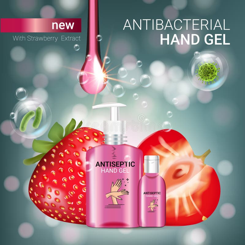 Annunci antibatterici del gel della mano di sapore della fragola Vector l'illustrazione con il gel antisettico della mano in bott royalty illustrazione gratis Annunci antibatterici del gel della mano di sapore della fragola Vector l'illustrazione con il gel antisettico della mano in bott royalty illustrazione gratis