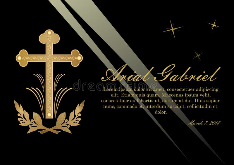 Annuncio funereo nella progettazione lussuosa Necrologio lussuoso con i rami dorati di Lawrence e della croce sul nero royalty illustrazione gratis Annuncio funereo nella progettazione lussuosa Necrologio lussuoso con i rami dorati di Lawrence e della croce sul nero royalty illustrazione gratis