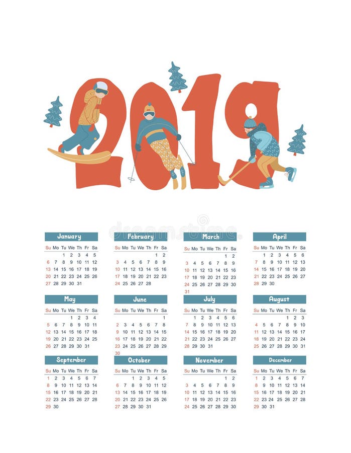 Ano civil 2019 Ilustração do vetor Um grupo de caráteres contratados em esportes e em recreação de inverno ilustração royalty free Ano civil 2019 Ilustração do vetor Um grupo de caráteres contratados em esportes e em recreação de inverno ilustração royalty free