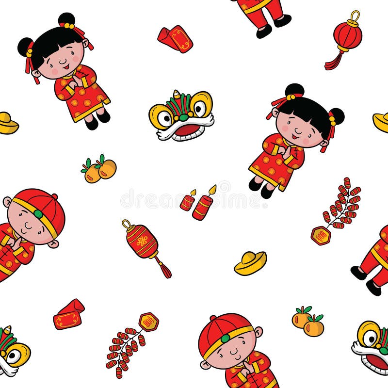 Ano novo chinês feliz do teste padrão da garatuja com ilustração dos desenhos animados, cartão, o caráter chinês é lucrativo médi ilustração royalty free Ano novo chinês feliz do teste padrão da garatuja com ilustração dos desenhos animados, cartão, o caráter chinês é lucrativo médi ilustração royalty free