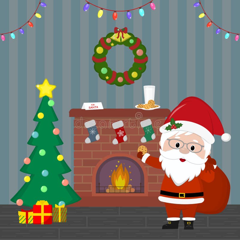 Ano novo e cartão de Natal Santa Claus está guardando um saco com presentes e cookies Árvore de Natal com presentes, uma chaminé, ilustração do vetor Ano novo e cartão de Natal Santa Claus está guardando um saco com presentes e cookies Árvore de Natal com presentes, uma chaminé, ilustração do vetor
