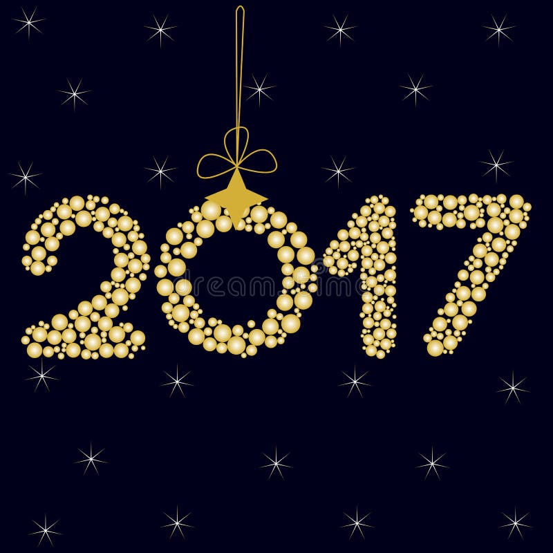 Ano novo feliz 2017 em uma obscuridade - fundo azul com estrelas zero sob a forma da bola do Natal com curva ilustração do vetor Ano novo feliz 2017 em uma obscuridade - fundo azul com estrelas zero sob a forma da bola do Natal com curva ilustração do vetor