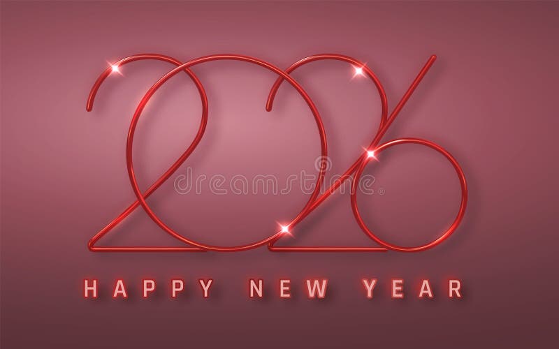 2026, Ano Novo, Tipografia do Estilo Vermelho Neon sobre o Fundo Elegante Rosa com Efeitos Luzes Estimulantes e Números 3D Glossy. ilustração do vetor
