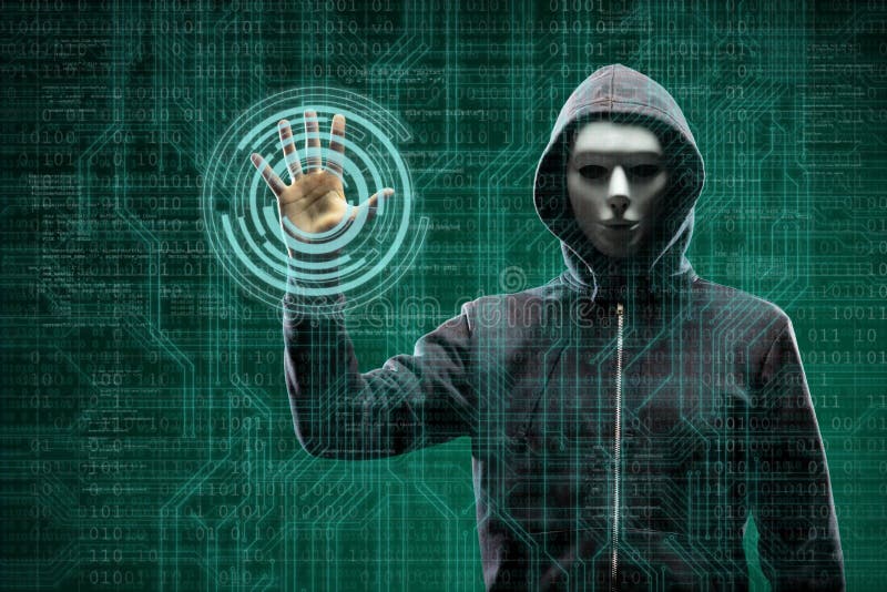 Anonymous computer hacker over abstract digital background. Obscured dark face in mask and hood. Data thief, internet attack, darknet fraud, dangerous viruses and cyber security concept.