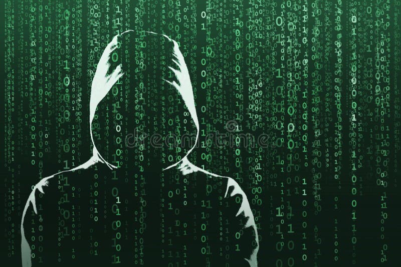Anonymous computer hacker over abstract digital background. Obscured dark face in mask and hood. Data thief, internet stock photo