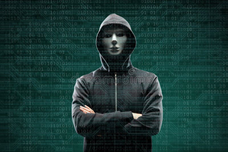 Anonymous computer hacker over abstract digital background. Obscured dark face in mask and hood. Data thief, internet stock photos