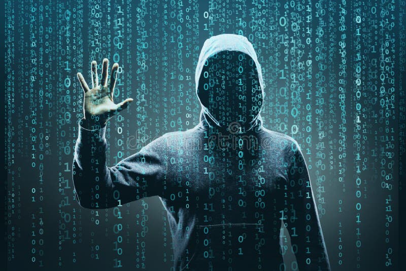 Anonymous computer hacker over abstract digital background. Obscured dark face in mask and hood. Data thief, internet stock illustration