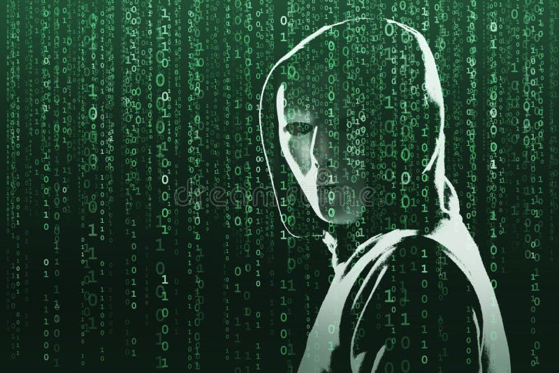 Anonymous computer hacker over abstract digital background. Obscured dark face in mask and hood. Data thief, internet stock photography