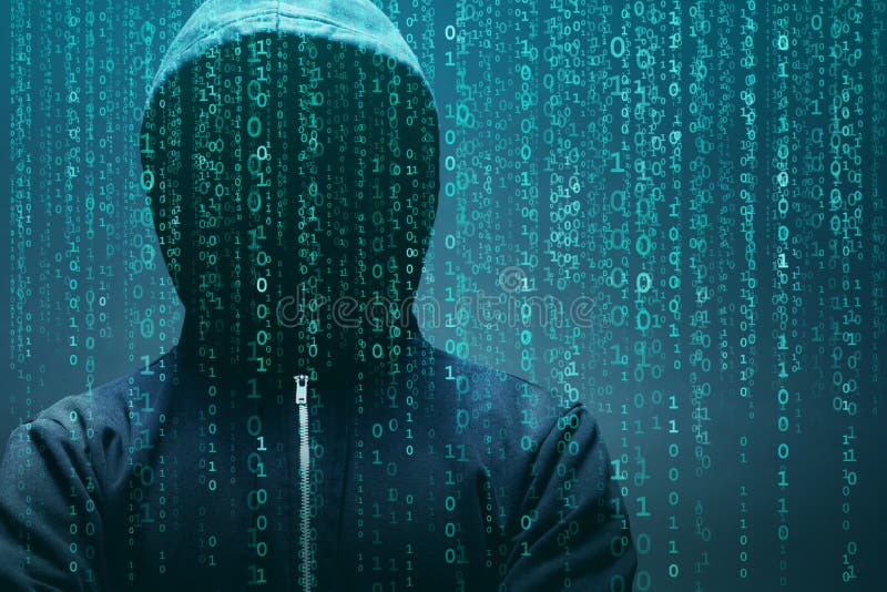 Anonymous computer hacker over abstract digital background. Obscured dark face in mask and hood. Data thief, internet stock photo