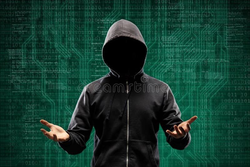 Anonymous computer hacker over abstract digital background. Obscured dark face in mask and hood. Data thief, internet royalty free stock image