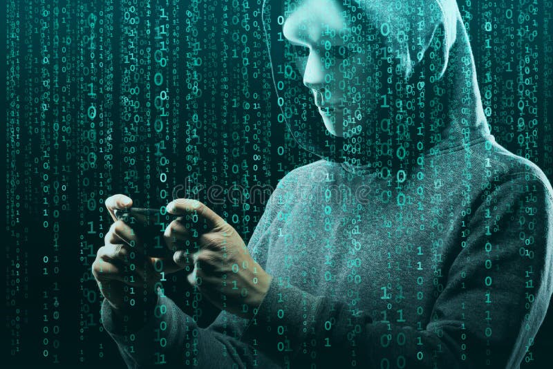 Anonymous computer hacker over abstract digital background. Obscured dark face in mask and hood. Data thief, internet stock images