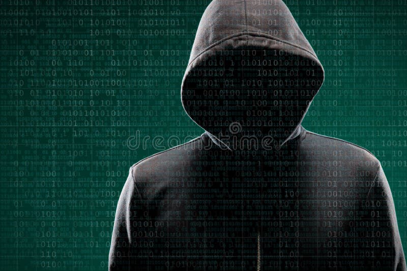 Anonymous computer hacker over abstract digital background. Obscured dark face in mask and hood. Data thief, internet royalty free stock photography