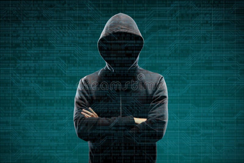 Anonymous computer hacker over abstract digital background. Obscured dark face in mask and hood. Data thief, internet royalty free stock photo