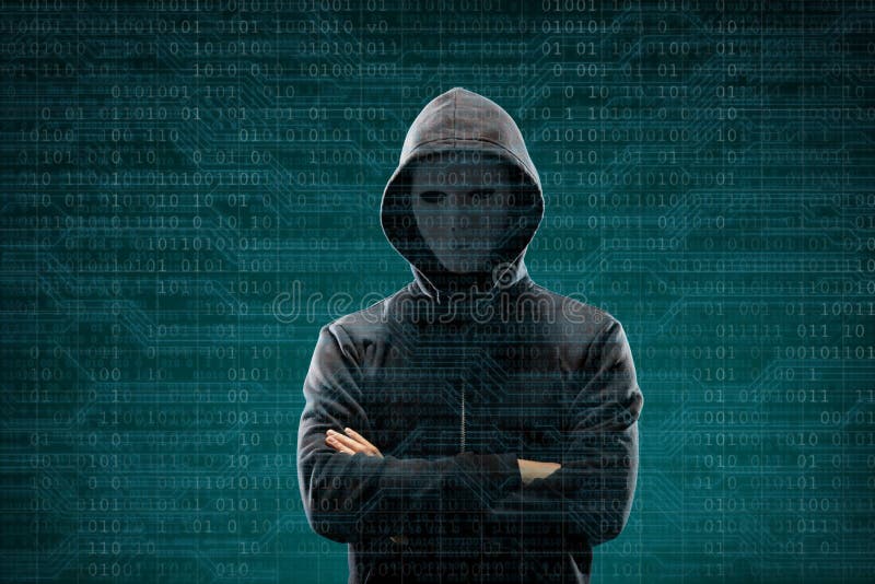 Anonymous computer hacker over abstract digital background. Obscured dark face in mask and hood. Data thief, internet royalty free stock photo