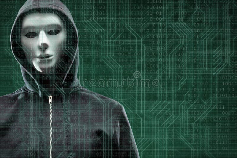 Anonymous computer hacker over abstract digital background. Obscured dark face in mask and hood. Data thief, internet royalty free stock photos Anonymous computer hacker over abstract digital background. Obscured dark face in mask and hood. Data thief, internet royalty free stock photos