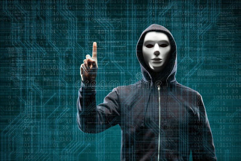 Anonymous computer hacker over abstract digital background. Obscured dark face in mask and hood. Data thief, internet royalty free stock photos Anonymous computer hacker over abstract digital background. Obscured dark face in mask and hood. Data thief, internet royalty free stock photos
