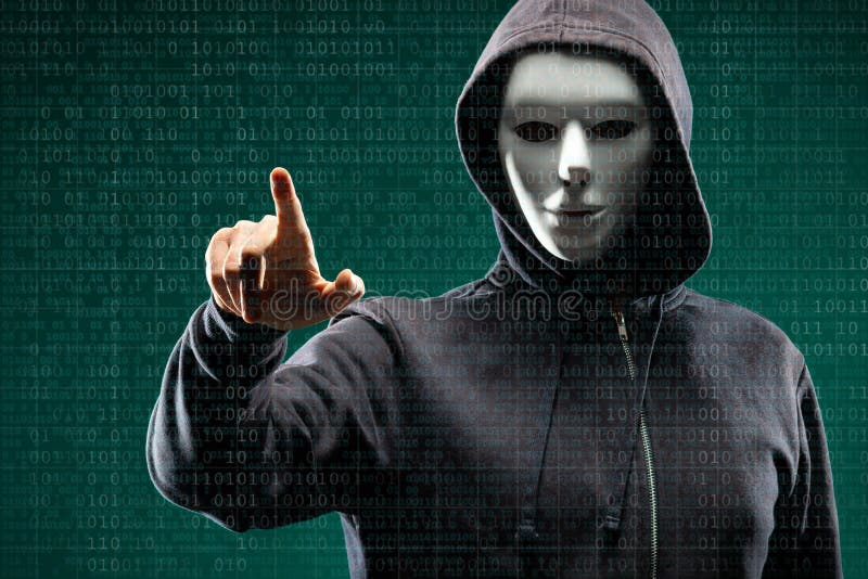 Anonymous computer hacker over abstract digital background. Obscured dark face in mask and hood. Data thief, internet stock photos