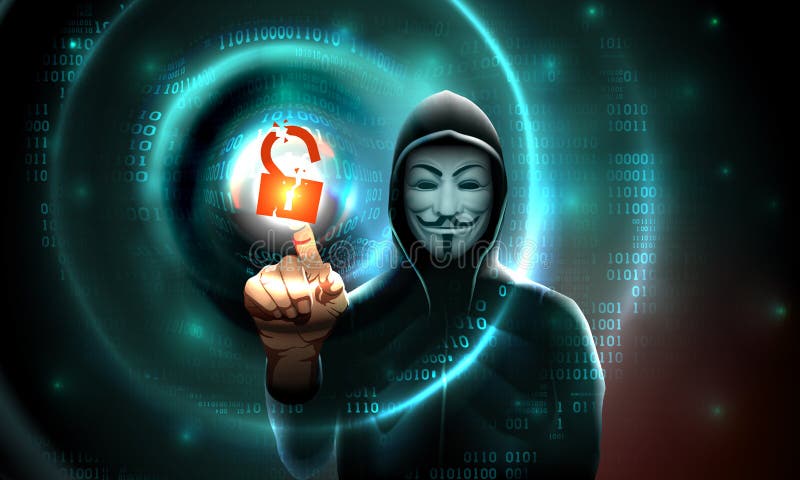 Anonymous computer hooded hacker on blue background with binary code. Hacked lock. Anonymous hacker activist group. hacking stock illustration