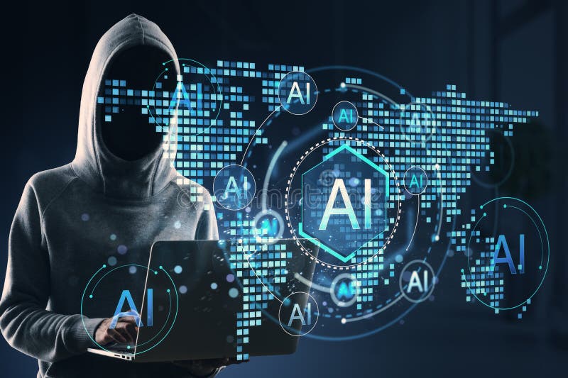 Anonymous hacker in hoodie using laptop with AI digital world map and neon blue futuristic interface elements in dark background stock images