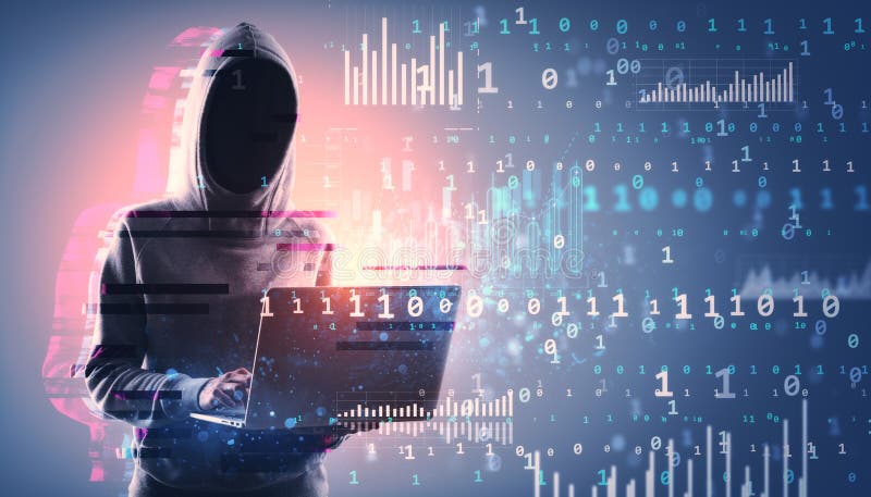 Anonymous hacker in hoodie using laptop with digital data overlay in cyberspace royalty free stock images