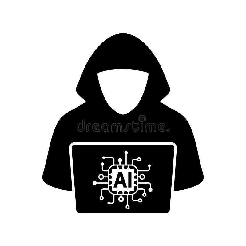 Anonymous hacker with laptop and AI chip icon. Use of artificial intelligence is anonymous royalty free illustration