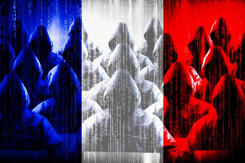 Anonymous hooded hackers, flag of France, binary code - cyber attack concept. Anonymous hooded hackers, flag of France, binary code - great for topics like virus attack, spyware, malware etc.