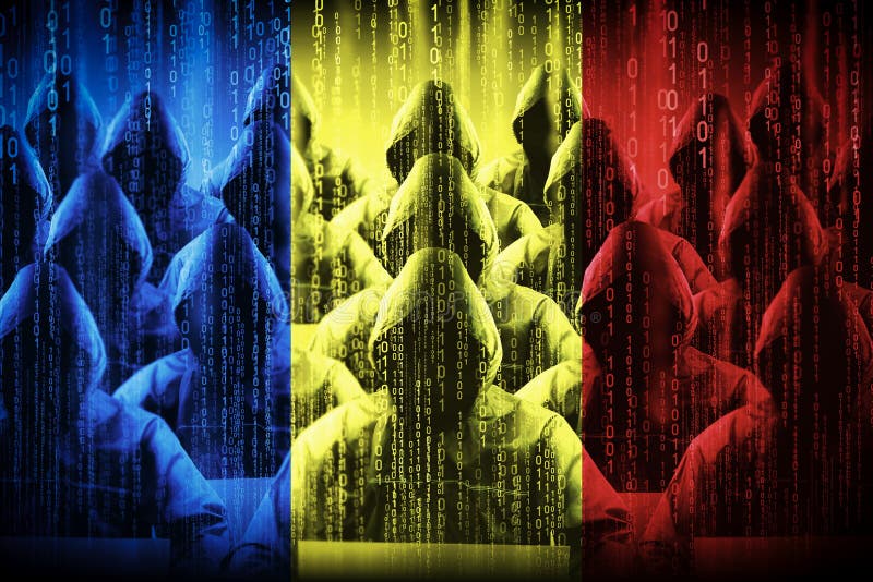 Anonymous hooded hackers, flag of Romania, binary code - cyber attack concept. Anonymous hooded hackers, flag of Romania, binary code - great for topics like virus attack, spyware, malware etc.