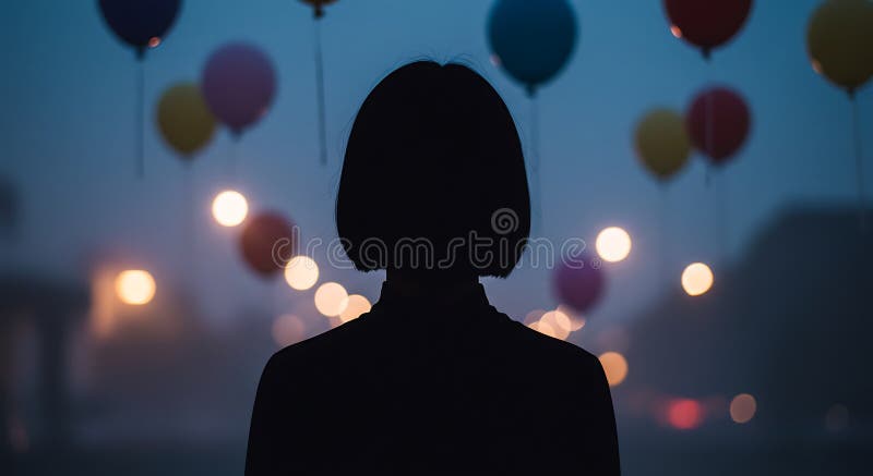 Anonymous silhouette observes balloons in muted dark fantasy setting - generated using ai stock illustration